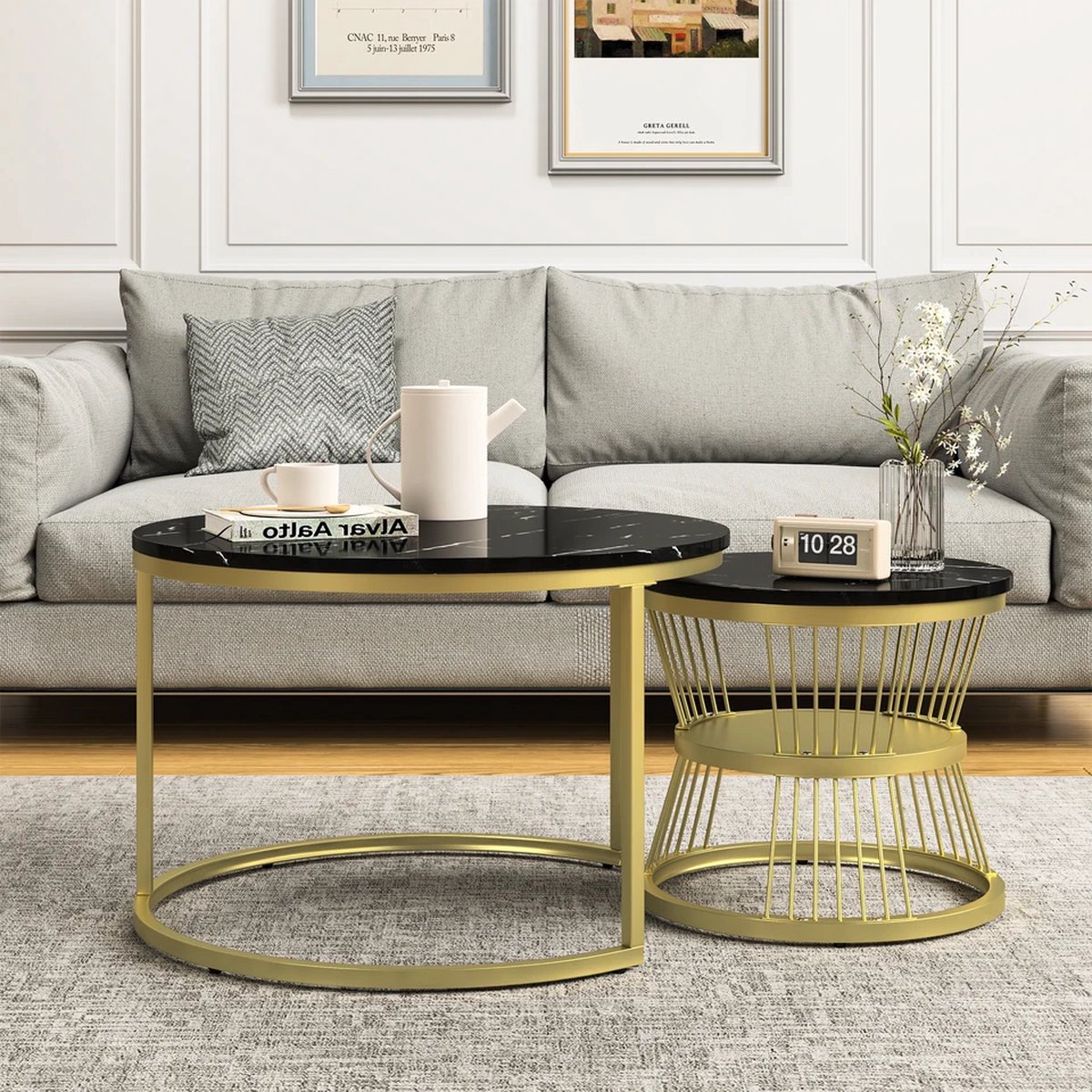 OHMG Set van 2 ronde uitschuiftafels, salontafels, 70/50 cm, ronde bijzettafel, modern design, woonkamertafel van marmer, met stalen voet (wit goud, 70 x 70 x 45 cm OHMG Set van 2 ronde uitschuiftafels, salontafels, 70/50 cm, ronde bijzettafel, modern design, woonkamertafel van marmer, met stalen voet (wit goud, 70 x 70 x 45 cm