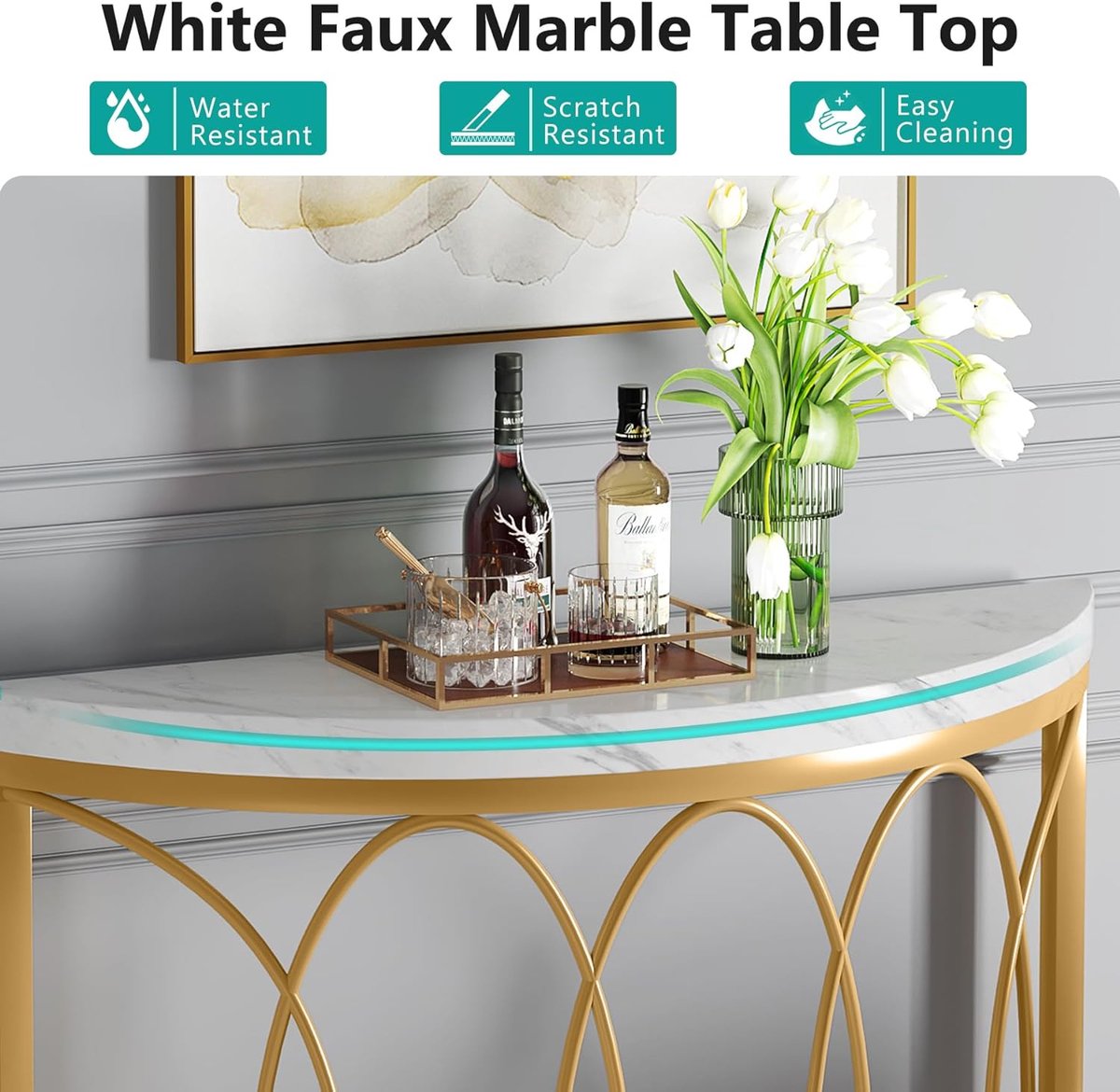 Tribesigns Consoletafel 150cm - Wit Marmerlook Met Gouden Frame - Luxe Haltafel