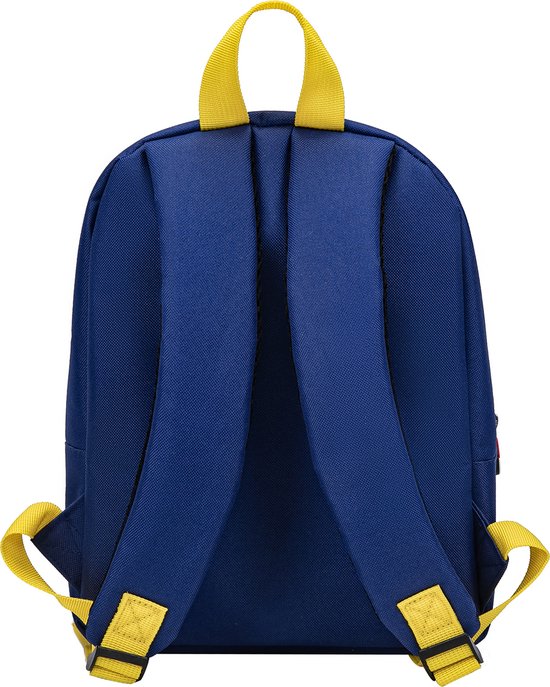 Achterkant van een donkerblauwe rugzak met gele schouderbanden.