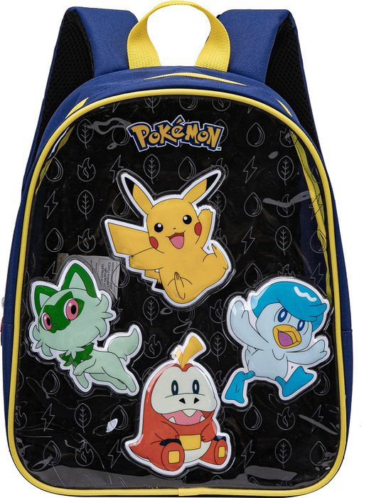 Donkerblauwe rugzak met gele accenten en een doorzichtige voorkant met de Pokémon-personages Pikachu, Sprigatito, Fuecoco en Quaxly.
