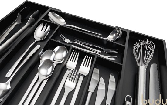 Bestekbak extensible Budu #43 en Bamboe (43 cm de profondeur) - Zwart - Cassette à couverts en bois - Range-couverts - 43 x 32,2 - 53 cm - 6/8 compartiments