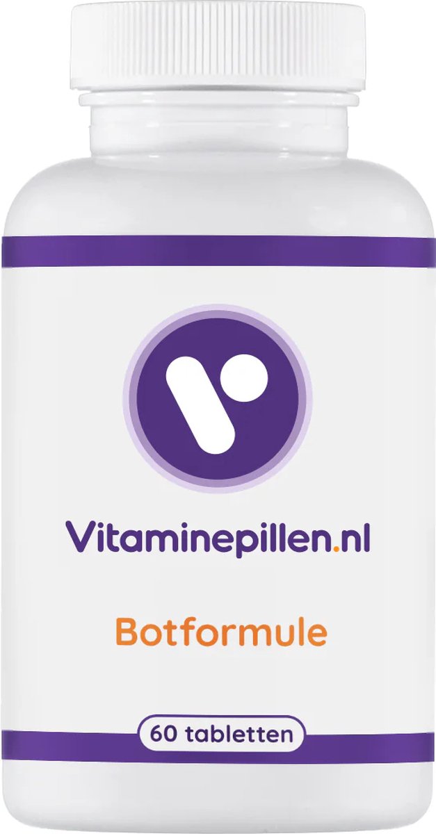 Goedkoopste Vitaminepillen.nl | Botformule - Tabletten - 60 stuks - Ondersteund bij goede botten. Mix van ondersteunende vitamines als C en K, en magnesium, calcium en mangaan. Met Collageen (Type II (Biocell)). Een gepatenteerde vorm van collageen-hydrolysaat.
