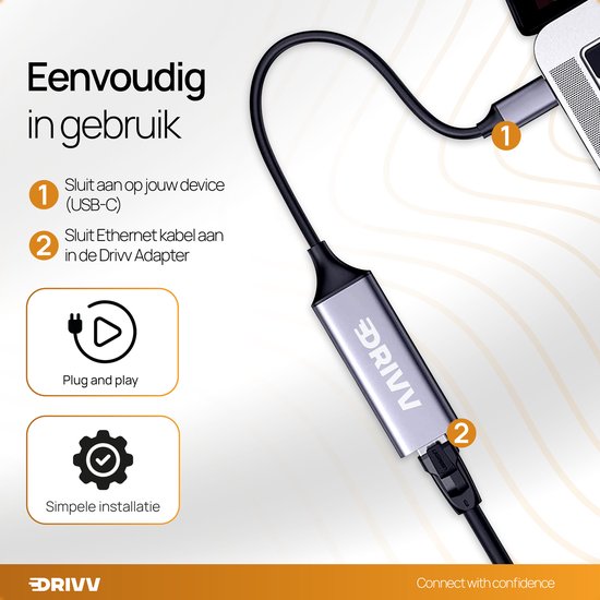 Grijze DRIVV adapter met USB-C aansluiting, "Eenvoudig in gebruik", "Plug and play" en "Simpele installatie" tekst.