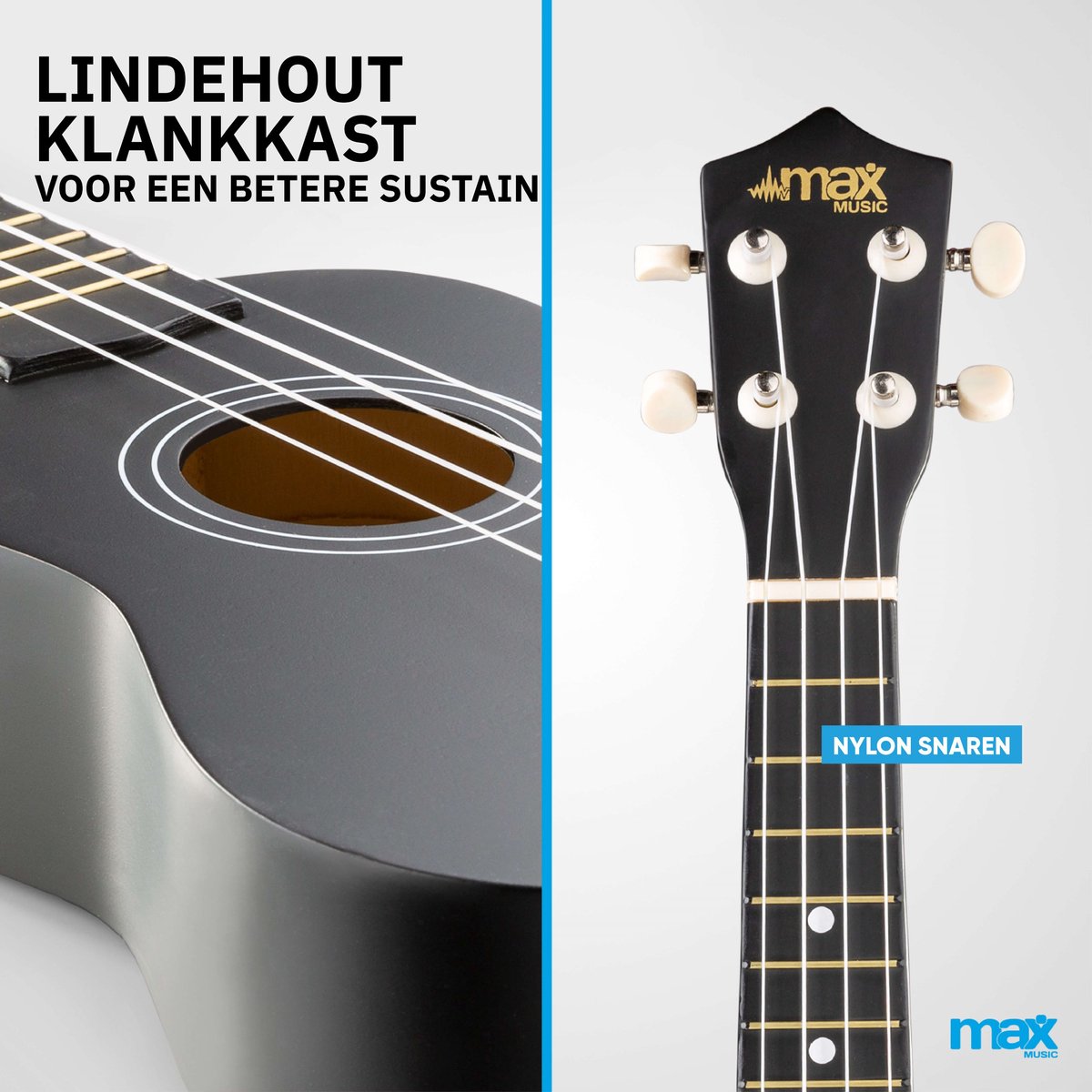 Ukelele set - MAX UKEY - 21 inch Ukulele van hout - Kindergitaar en gitaar voor volwassenen - incl. Ukelele tas, plectrums en stemapparaat - Zwart thumbnail 3