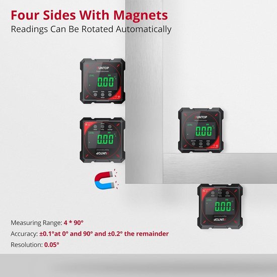 XUNTOP Oplaadbare Digital Inclinometer Laser met 4 Magnetische Zijden Angle Finder 4x90° met Type-C hoekmeter digitaal LCD scherm Waterdicht Achtergrondverlichting voor Houtbewerking Huis en DIY