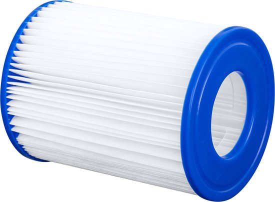 Een wit, cilindervormig zwembadfilter met geplooide zijden en blauwe randen, op zijn kant.