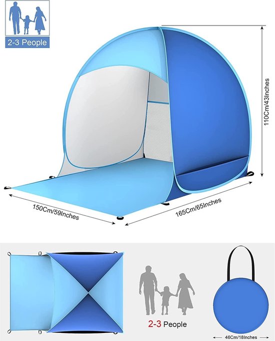 Pop-up strandtent voor 3-4 personen, baby strandtent UV 50 voor grote zonwering met opbergtas, haringen (blauw 1, 83 x 51 in