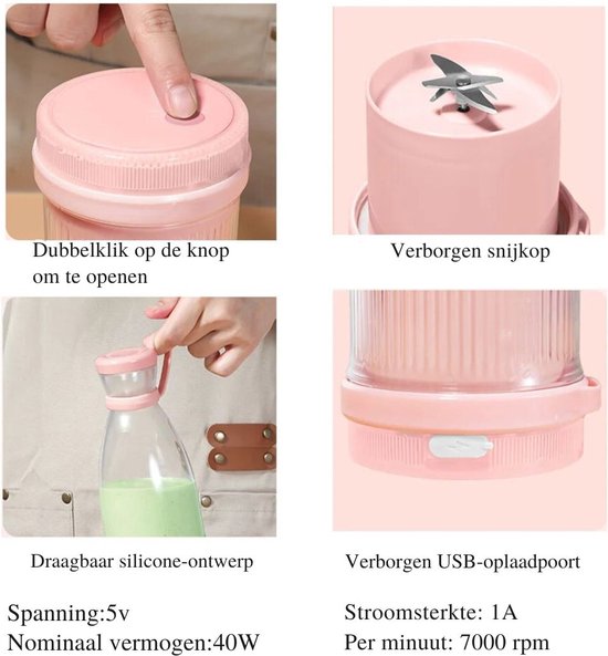 Mini Blender - Blender to go - Smoothie Maker - Draagbare Blender - Oplaadbare mini Blender - Portable Blender - Lichtgewicht - Blender draadloos - Blender - Blenders - Blender smoothie - Keukenmachines - Roze van MINI — afbeelding 4
