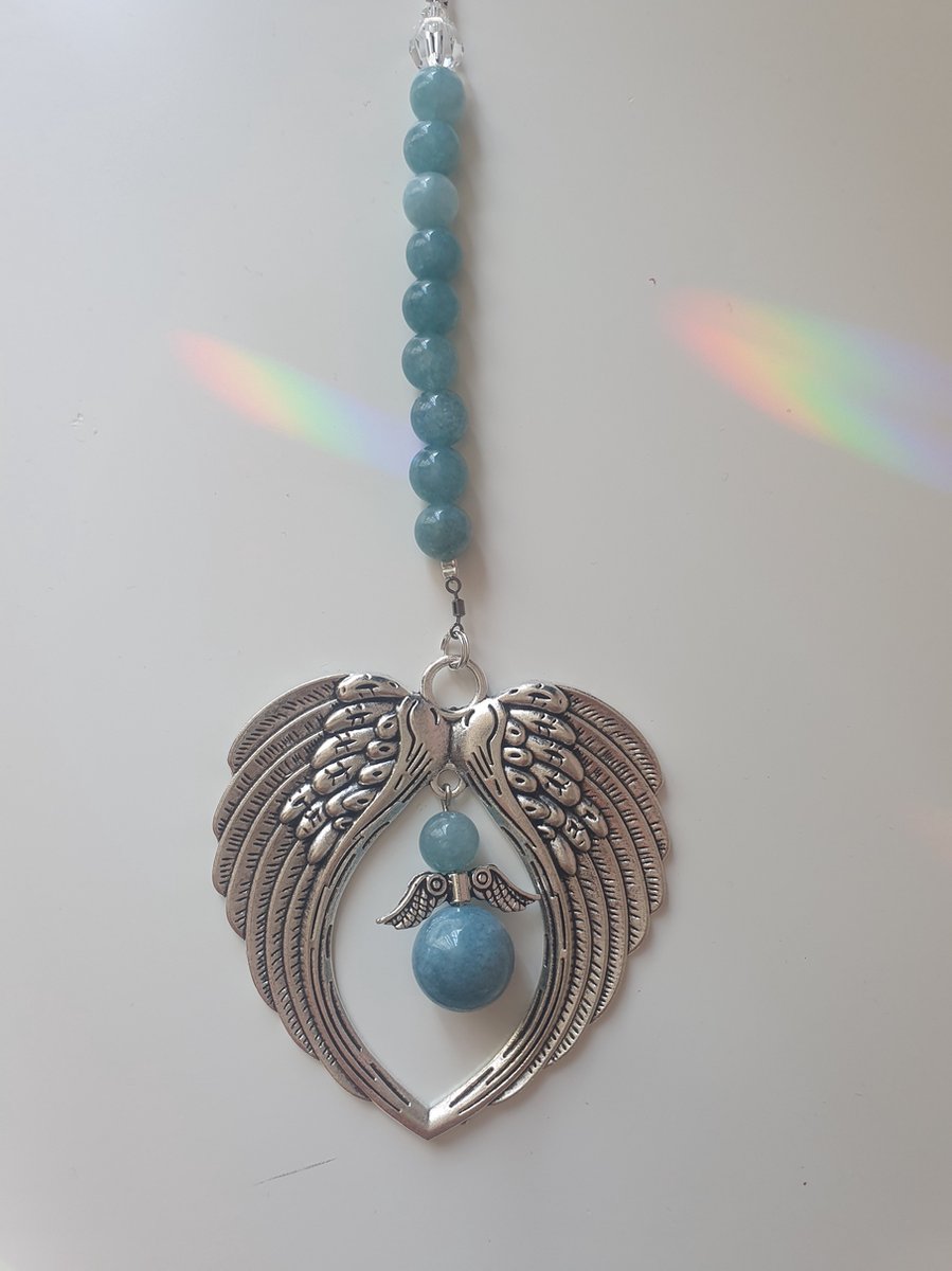 Guardian Angel Wings, Aquamarijn ( Auto hanger, Raamhanger ) Half edel steen, bescherm engel, raam decoratie, meditatie engel, Feng Shui, Kerst engel, baby shower cadeau, kerst pakket cadeau, geluk engel