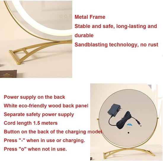 Gouden spiegel met metalen frame, sandblast technologie, witte houten achterkant en aparte voeding.