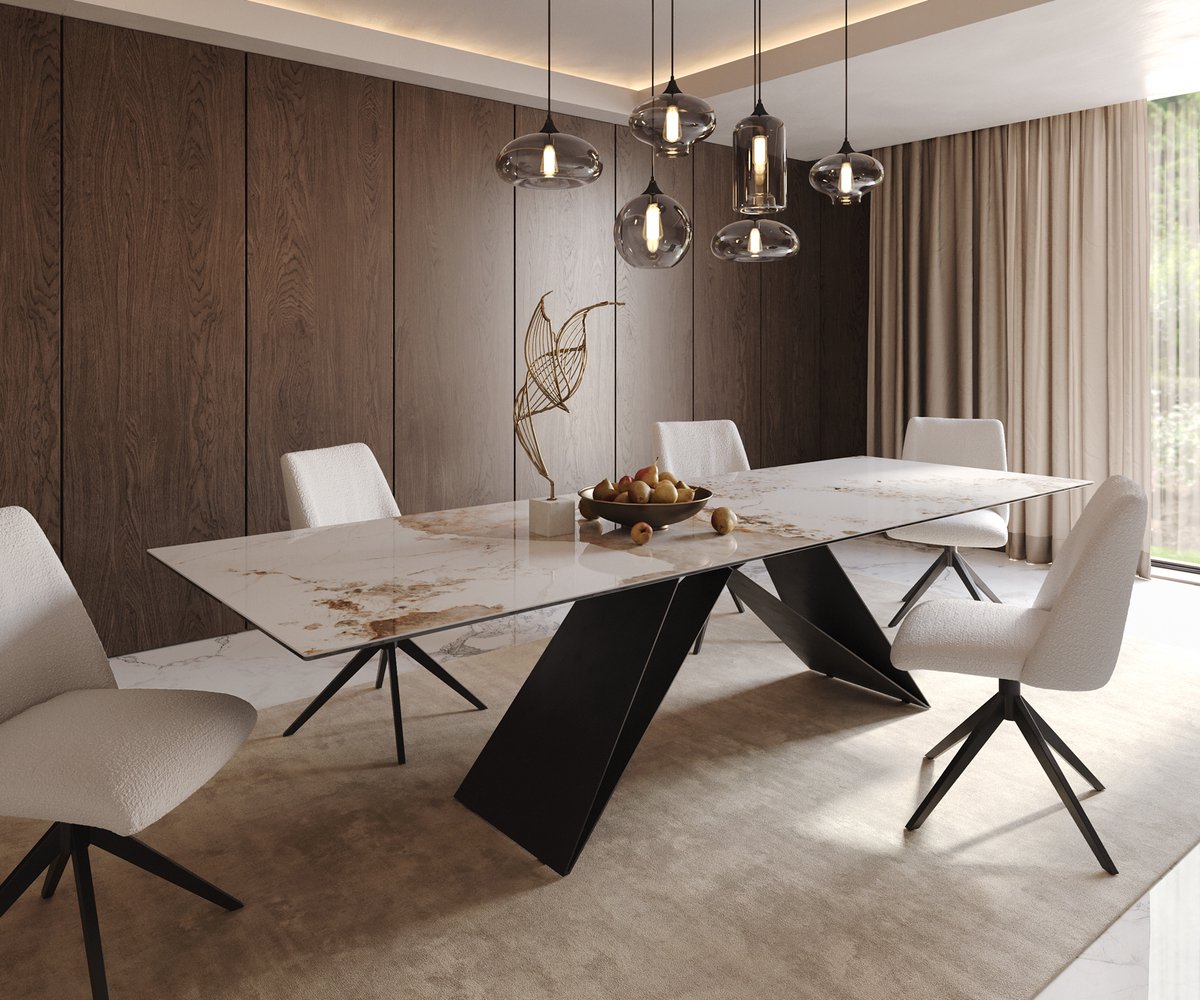 DELIFE Eetkamertafel Edge keramiek Minas Melange wit-beige 300x100 V-frame vlak staal zwart Weiß-Beige