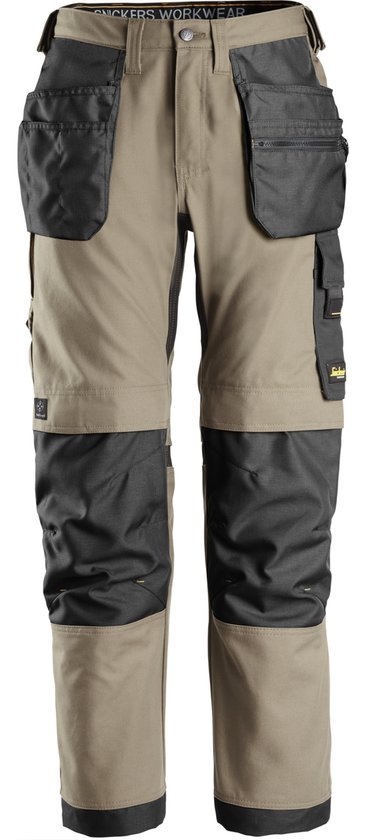 Pantalon de travail kaki avec renforts noirs aux genoux et aux poches, et bandes noires en bas des jambes.