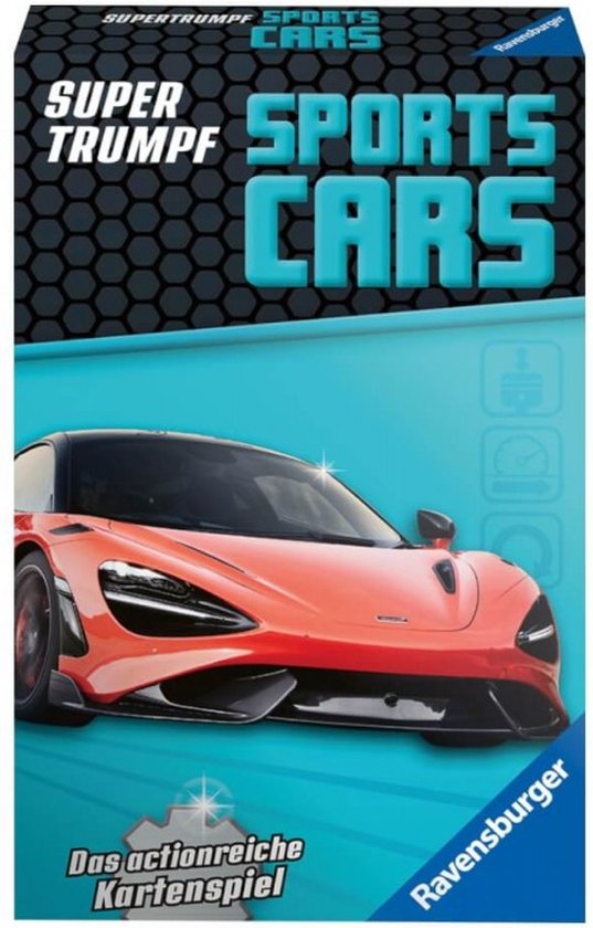 Ravensburger Super Trumpf Sports Cars kaartspel met een oranje sportwagen op een blauwe achtergrond.