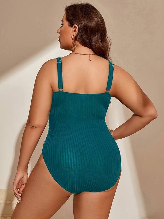 CUPSHE Badpak voor dames, grote maten, V-hals, nekhouder, buikweg, mesh, zijsplit, badpakjurk, plussize, zwart, XL Grote maten
