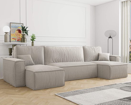 HOEKBANK CARLOS U BEIGE- HOEKSALON MET OPBERGRUIMTE EN SLAAPFUNCTIE- CORDUROY RIBSTOF BEIGE- KARL HOEKZETEL U VORM- zetelsenbedden