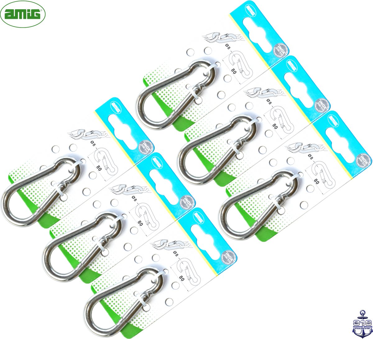 AMIG Karabijnhaak 8 x 80mm – RVS 316 – Marine Kwaliteit – 6 stuks – carabiner – groot musketonhaak