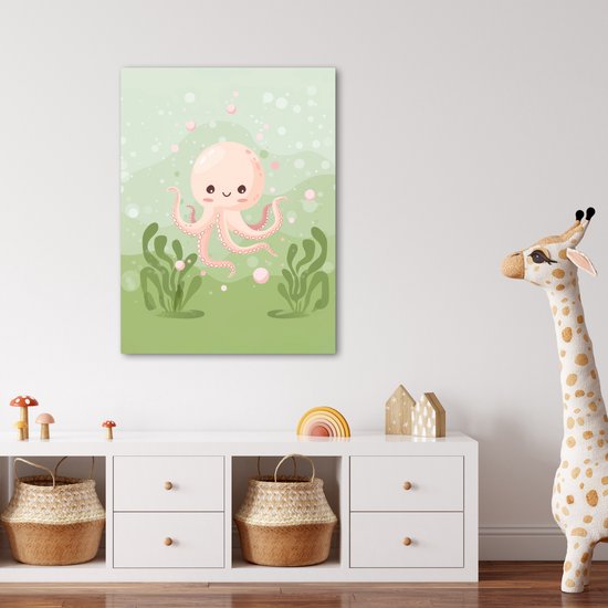 Peinture sur toile 50x70 cm - Décoration murale chambre enfant Poulpe - Animaux aquatiques - Vert - Sous-marin - Décoration murale chambre bébé - Décoration chambre garçon et fille - Accessoires Bébé - Peintures