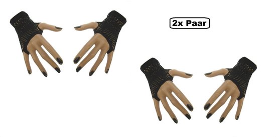 2x Paar nethandschoenen vingerloos zwart - Festival thema feest disco neon zwart/witverjaardag verkleed feest