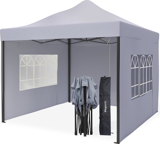 LifeGoods Partytent - Paviljoen - 3x3 m - Zijwanden - Easy Up - Opvouwbaar - Waterdicht - Draagtas met Wieltjes - Donkergrijs