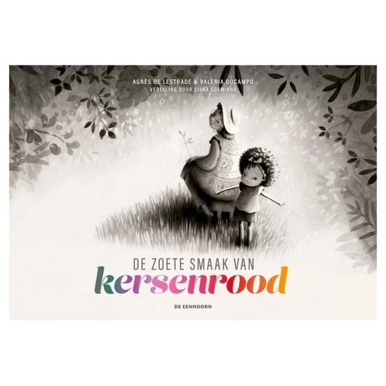 Illustratie van "De zoete smaak van kersenrood" met een grootouder en kind in een weide.