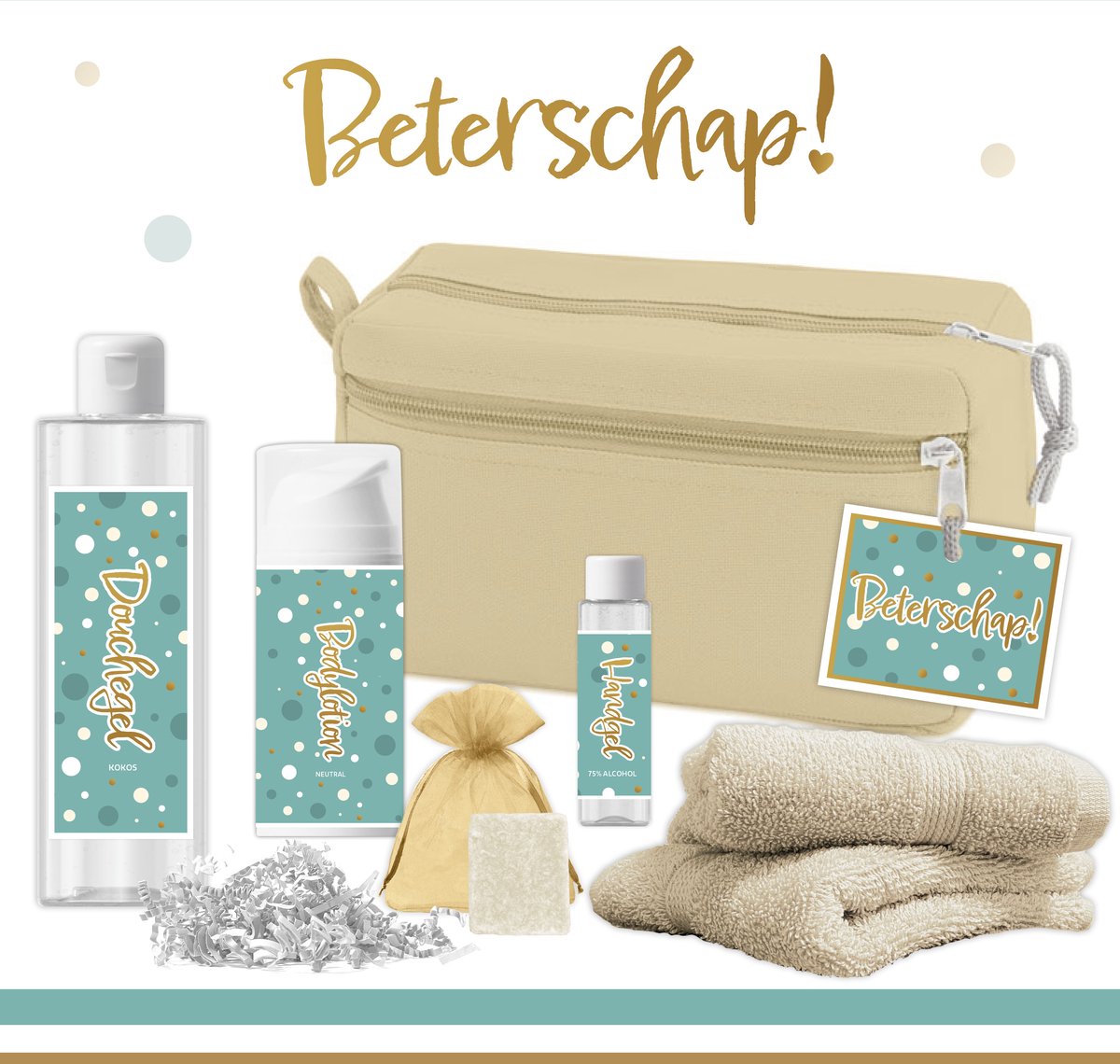 Goedkoopste Geschenkset “Beterschap!” - 7 producten - 600 gram | Cadeau Man - Opkikkertje - Beterschapswens Vrouw Meisje Vriendin - Welness Cadeaupakketje - Verwenpakketje na operatie - Toilettas - Beterschapscadeau Zorgwerk - Goud Turquoise