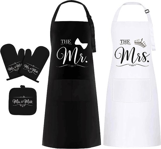 Mr. & Mrs. Paar Schorten Set, Huwelijkscadeau voor Paar, Keuken Waterdichte Schorten, Schort voor Vrouwen en Mannen, Perfect Als Cadeau voor Verloving, Jubileum, Valentijnsdag (Wit en Zwart)