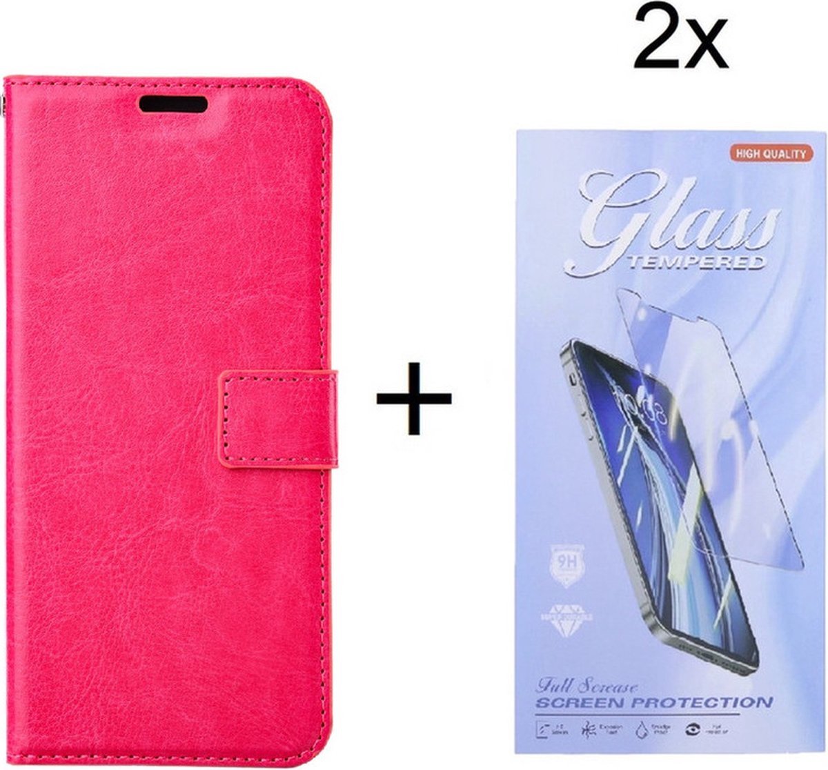 Bookcase Geschikt voor: Samsung Galaxy A05s Roze - Portemonnee hoesje met 2 stuk Glas Screen protector - Book Cover
