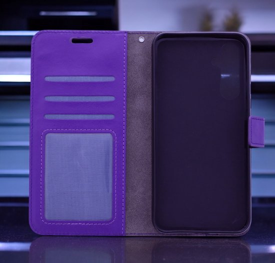 Bookcase Adapté pour : Samsung Galaxy A15 Violet - Étui portefeuille avec 2 pièces de protection d'écran en Glas - Couverture de livre