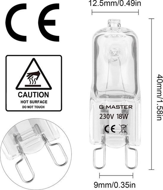 G Master G9 halogeenlamp, 230V 18W, met waarschuwing voor hete oppervlakken.