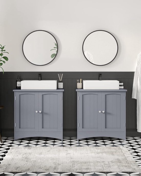 COSTWAY Wastafelonderkast, badkamerkast met 2 deuren en verstelbare plank, badkameronderkast in landelijke stijl, wastafelonderkast wit, 60 x 30 x 60 cm (lamellendeur
