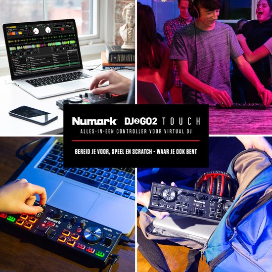 Collage van vier afbeeldingen die de veelzijdigheid van de Numark DJ2GO2 Touch DJ-controller tonen: thuis, op feestjes en onderweg.