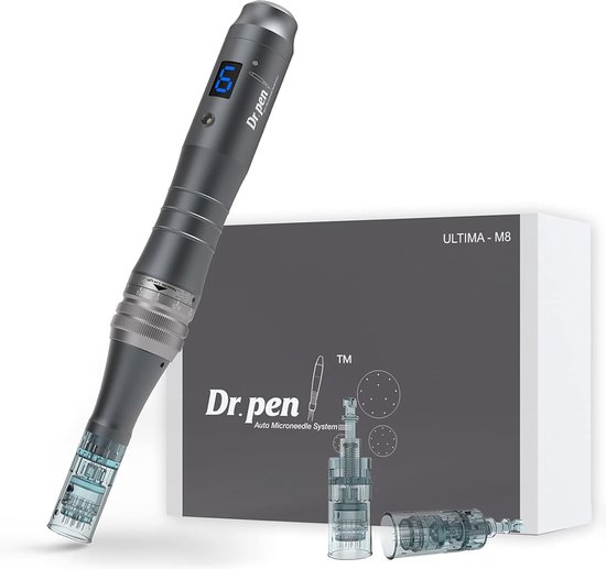 Foto: Dr pen m8 microneedling 2x 16 pin needle cartridges led screen oplaadbaar aanpasbare naalddiepte huidverbetering rejuvenation collageen aanmaak anti acne helpt tegen littekens pigmentatie rimpels vegrootte pori n en striae