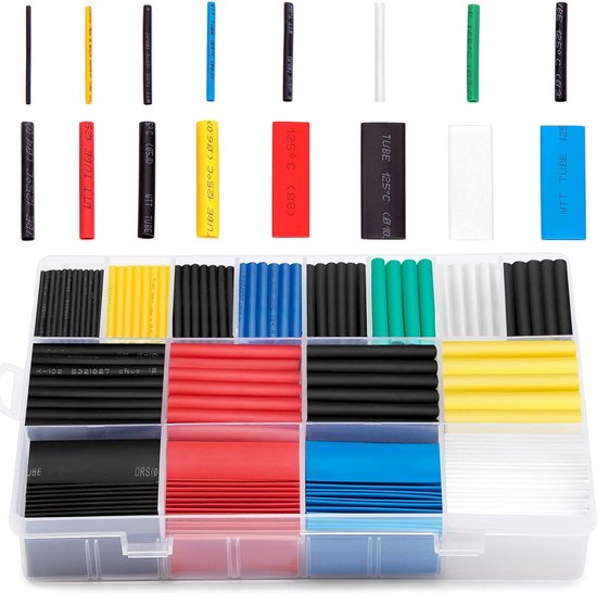 Overzicht van een assortiment krimpkousen in diverse kleuren en maten in een opbergdoos.