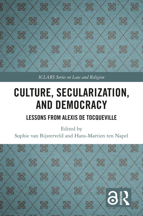 Boekcover met de titel "CULTURE, SECULARIZATION, AND DEMOCRACY". Met een blauw geruit patroon op de boven- en onderkant.