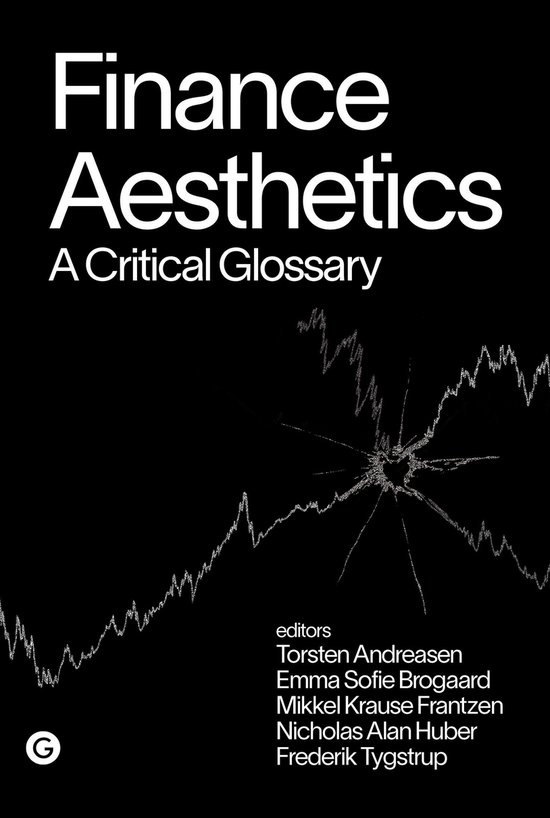 Boek "Finance Aesthetics: A Critical Glossary" met grafiek en gebroken glas op zwarte achtergrond.