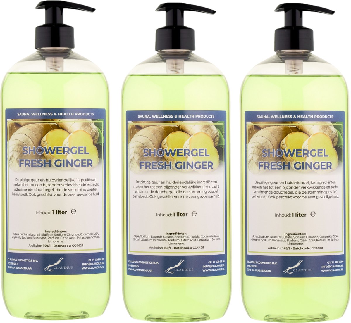 Goedkoopste Douchegel Fresh Ginger 1 liter - set van 3 stuks - met gratis pomp - showergel