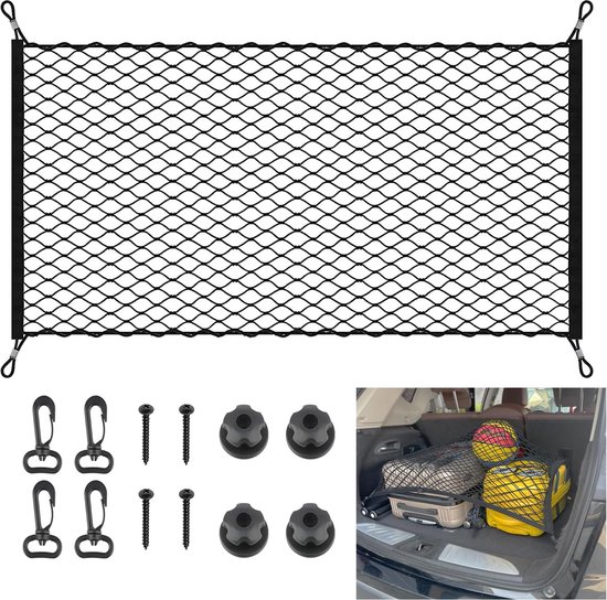 Foto: Kofferbaknet bagagenet 110 x 60 cm opbergen bagagenet organizer net met 4 stalen karabijnhaken 4 abs haken elastische rand houdt lasten steviger voor kofferbak autodak bagagenet