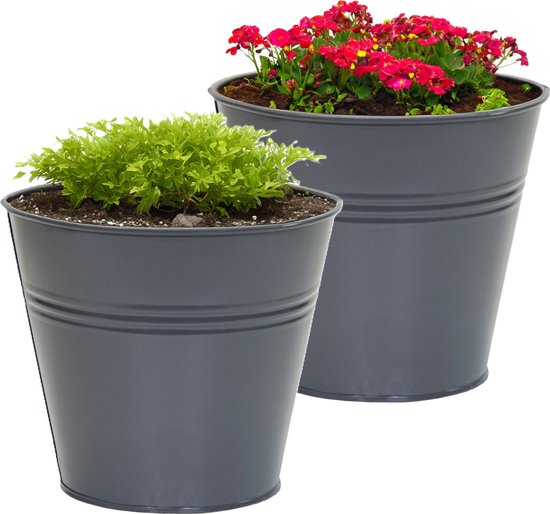 Twee donkergrijze metalen bloempotten, één met groene plant, één met rode bloemen.