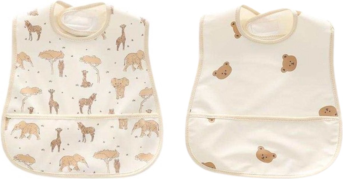 Goedkoopste 2 Stuks - Baby Slabbetjes met Opvangbak - Safari Dieren en Beertjes - 0-2 jaar