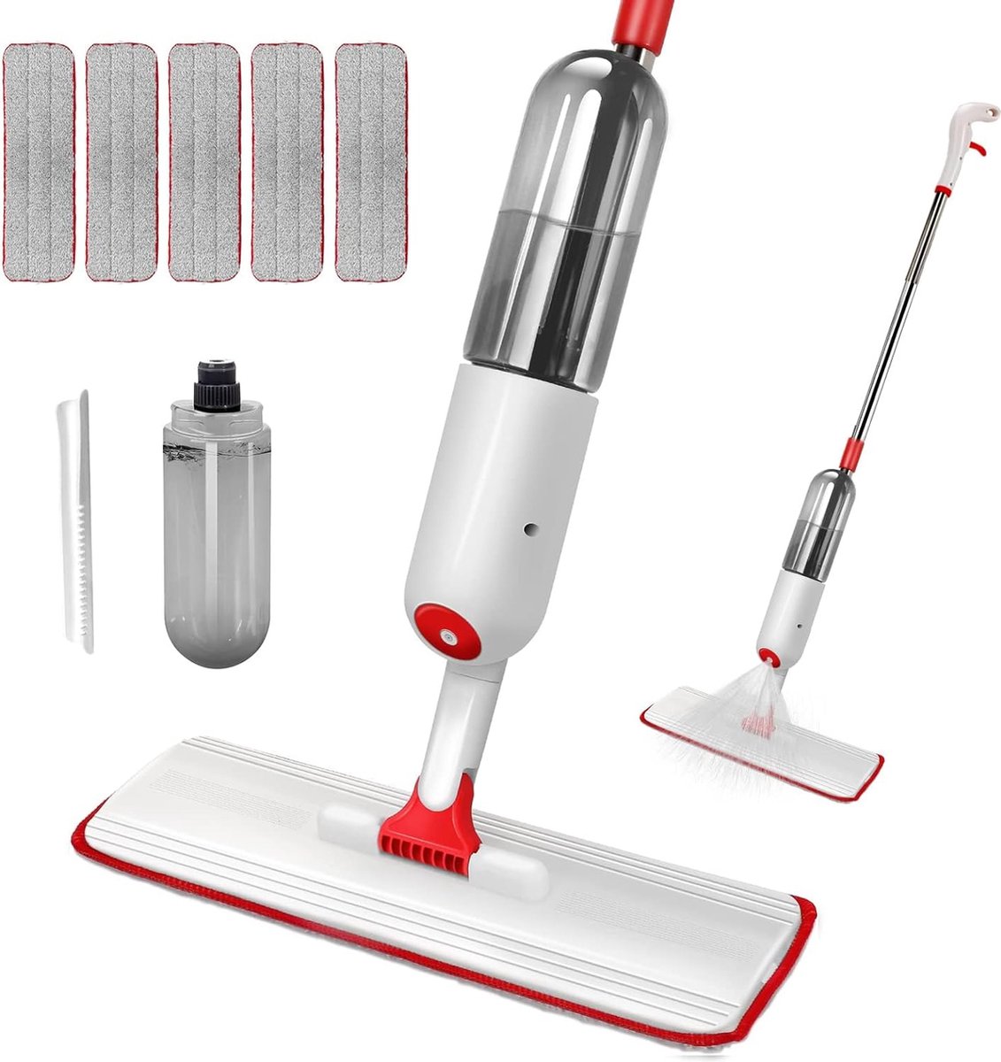 Goedkoopste Vloermop met sproeifunctie, sproeimop met watertank van 500 ml en 5 microvezelmoppads, wisser met sproeifunctie voor hardhouten vloeren, laminaat, hout, tegels - Stuur 1 schraper