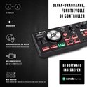 Illustratie van de Numark DJ2GO2 Touch DJ-controller met functies zoals 2 kanalen, crossfader, aanraakgevoelige jogwheels, USB-connectiviteit en MIDI-mapping.