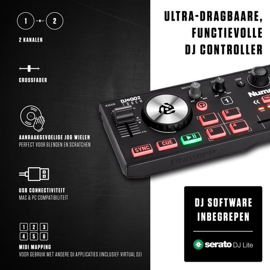 Illustratie van de Numark DJ2GO2 Touch DJ-controller met functies zoals 2 kanalen, crossfader, aanraakgevoelige jogwheels, USB-connectiviteit en MIDI-mapping.