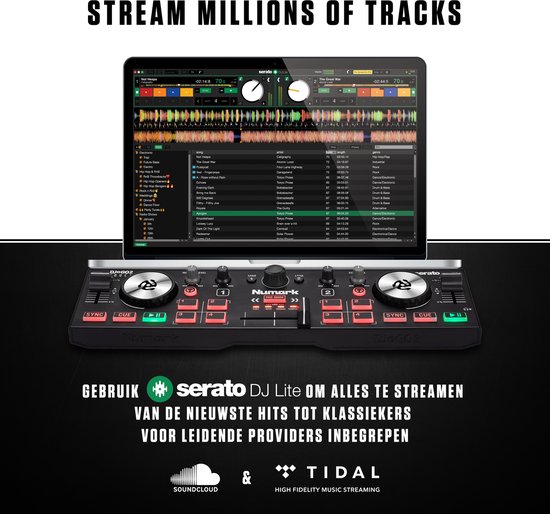 Numark DJ2GO2 Touch DJ-controller aangesloten op een laptop die Serato DJ Lite draait, met de mogelijkheid om miljoenen nummers te streamen via SoundCloud en Tidal.