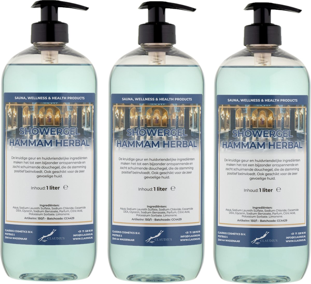 Goedkoopste Douchegel Hammam Herbal 1 liter - set van 3 stuks - met gratis pomp - showergel