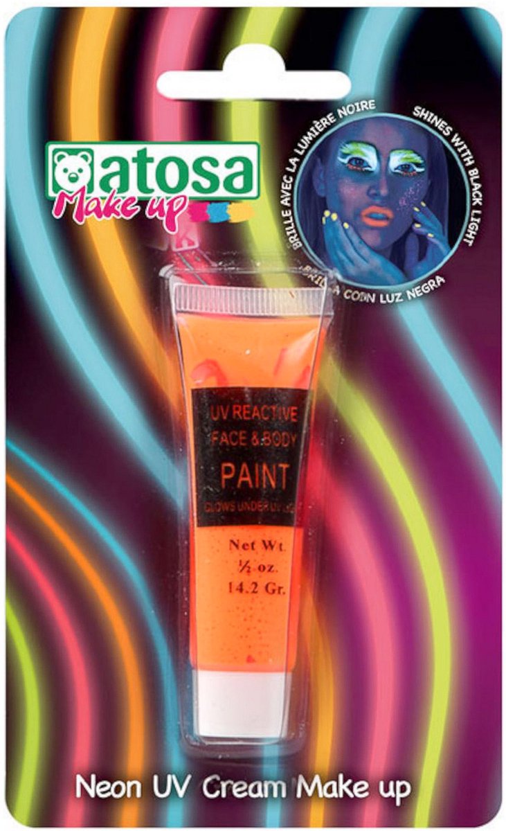 Atosa grimeer schmink - Glow in the Dark - neon oranje - 14 gram - carnaval/verkleed thema - kind/volwassenen - Koningsdag - lichtgevend