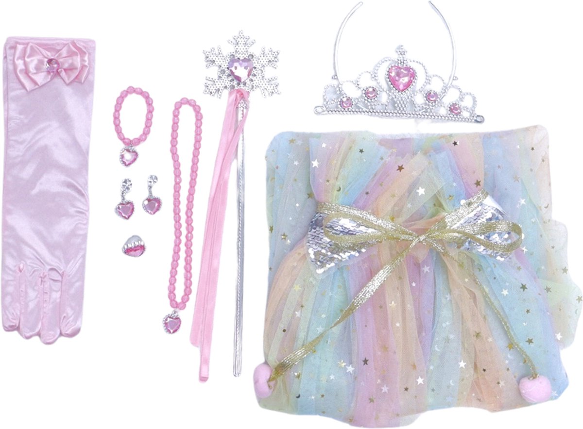 Joya Kids® Verkleedcape met Accessoires Regenboog kleuren | Prinsessencape | Cape Set | Unicorn | Meisje Verkleedset | Carnvalskleding Meisjes | Met Kroon, Staf, Handschoenen en Sieradenset — afbeelding 10