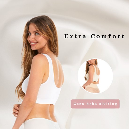 Model draagt een witte, mouwloze, beugelloze BH. Tekst: 'Extra Comfort'. Inzet toont een lichtbruine BH.