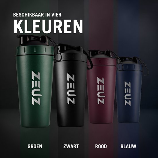 Groene, zwarte, rode en blauwe ZEUZ shakers naast elkaar.