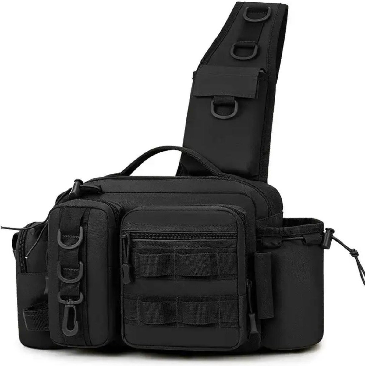 Vistas - Streetfishing - Heuptas - Schoudertas - Vliegvissen - Roofvissen - Tas met hengelhouder - Kunstaas tas - flessenhouder- Zwart