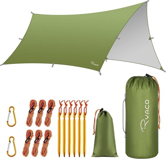 Foto: Ryaco outdoor tentzeil campingzeil zonnescherm met opbergtas waterdicht uv bestendig tarps voor kamperen 3 4 personen 290 x 350 cm groen